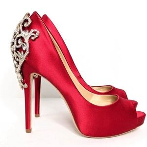 Badgley Mischka Red Satin Peep-Toe Heels with Crystal Accent